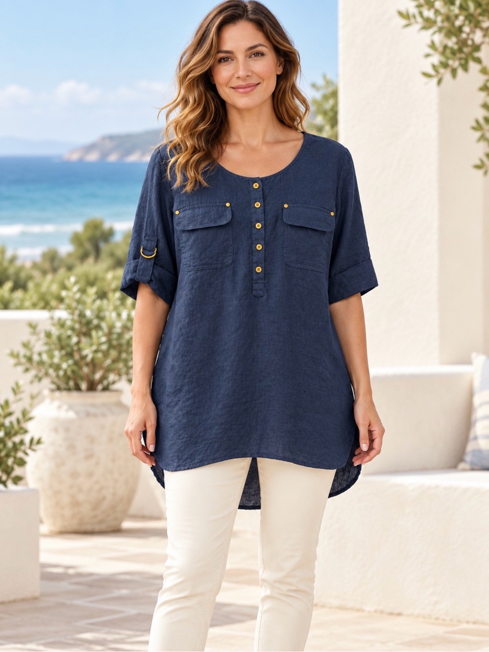 Ellen Tracy Navy Button-Front Tunic Top size large